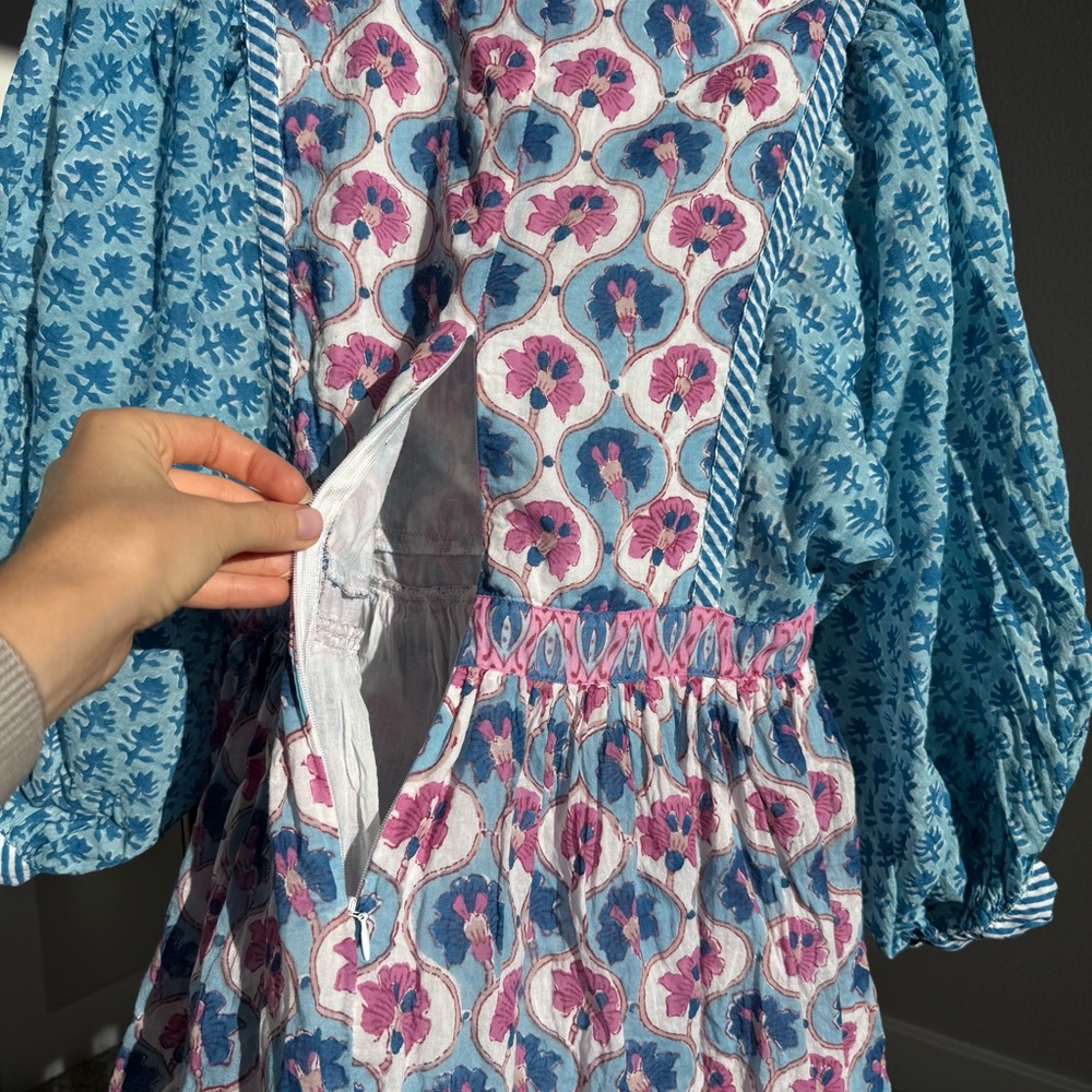 Oliphant India Cotton Ballon Sleeve Boho Mini Dress Size S Blue Pink Floral - Picture 10 of 13